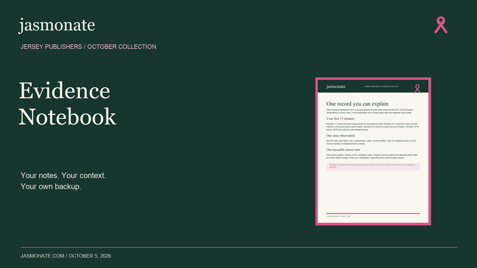 Jasmonate Evidence Notebook showing actual delivered pages or tools