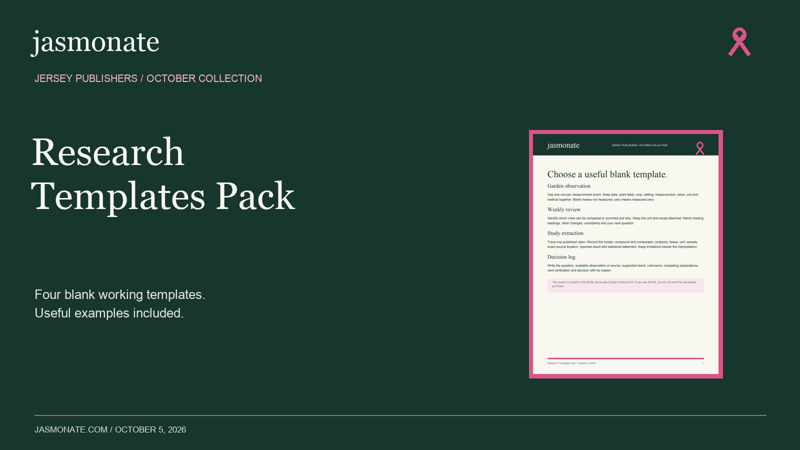 Jasmonate Research Templates Pack showing actual delivered pages or tools